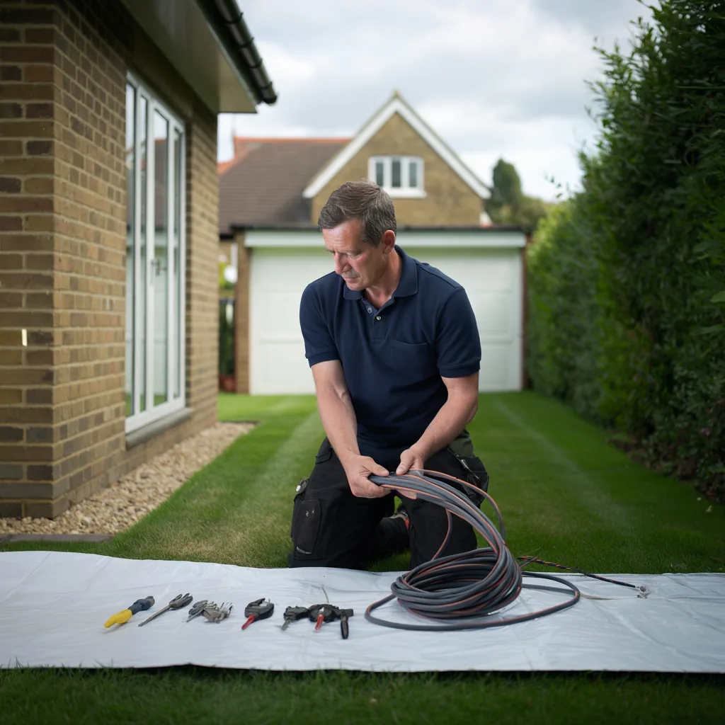 Armoured cable laid out for a garden office supply